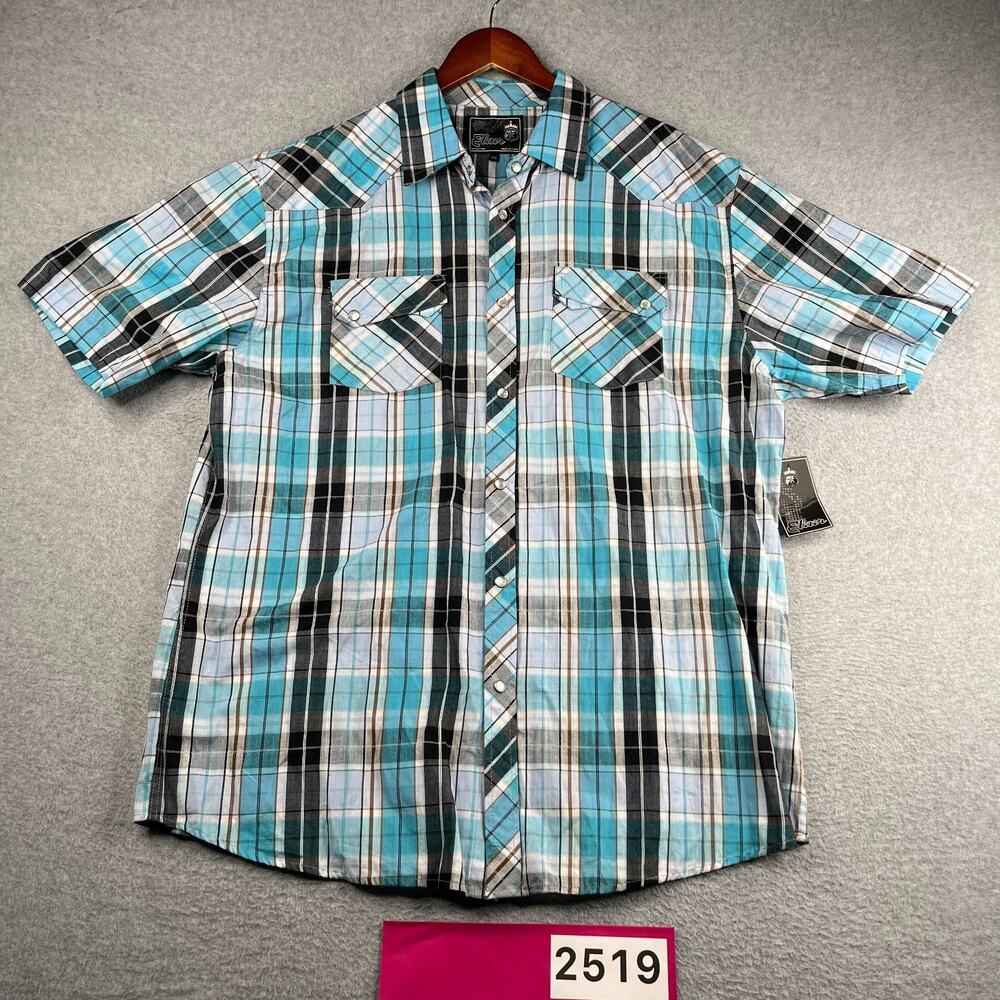 Elixir Blue Plaid Pearl Snap Shirt Button Short Sleeve Mens 2XL Western NEW *SEE
